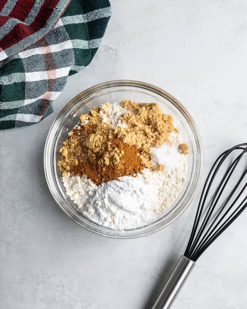 Dry waffle ingredients in a bowl.