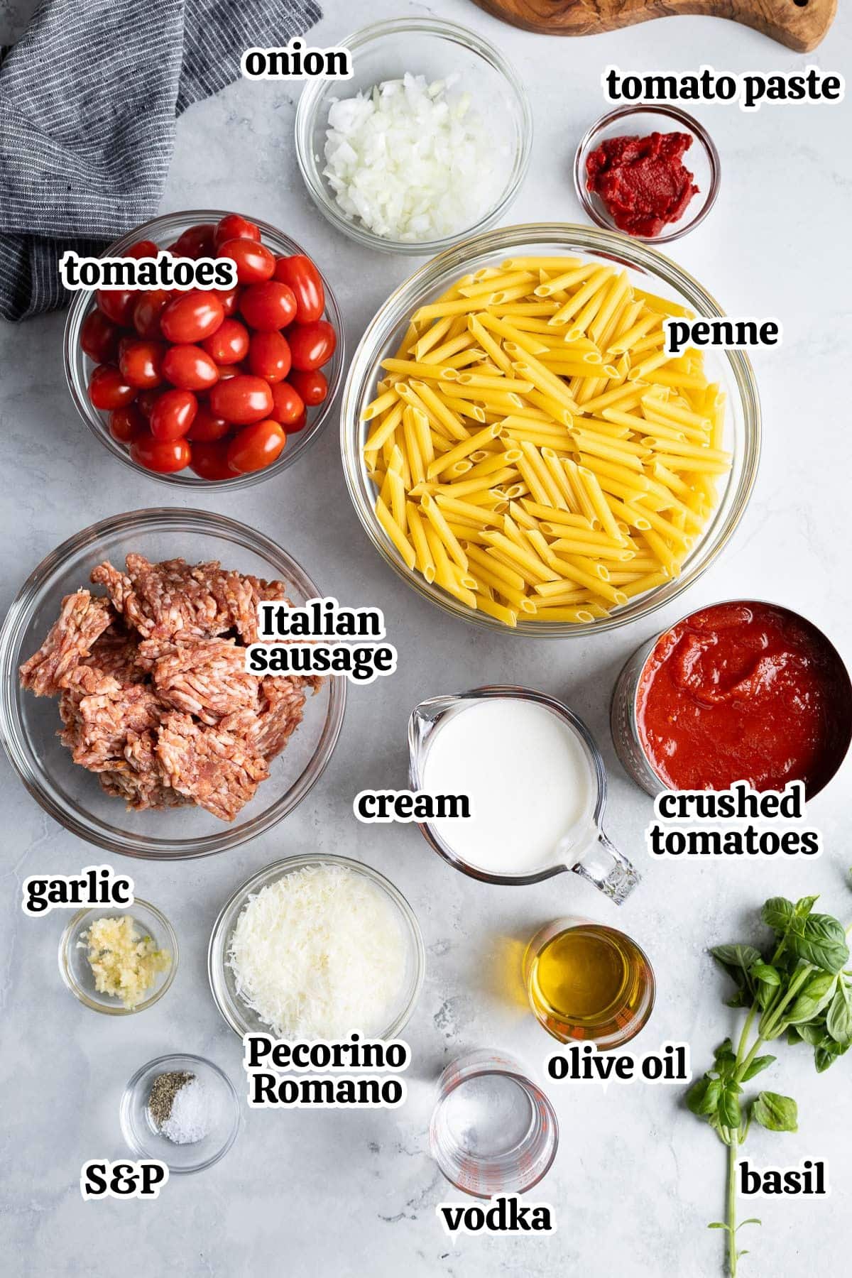 Text-labeled penne alla vodka with sausage ingredients in separate containers.