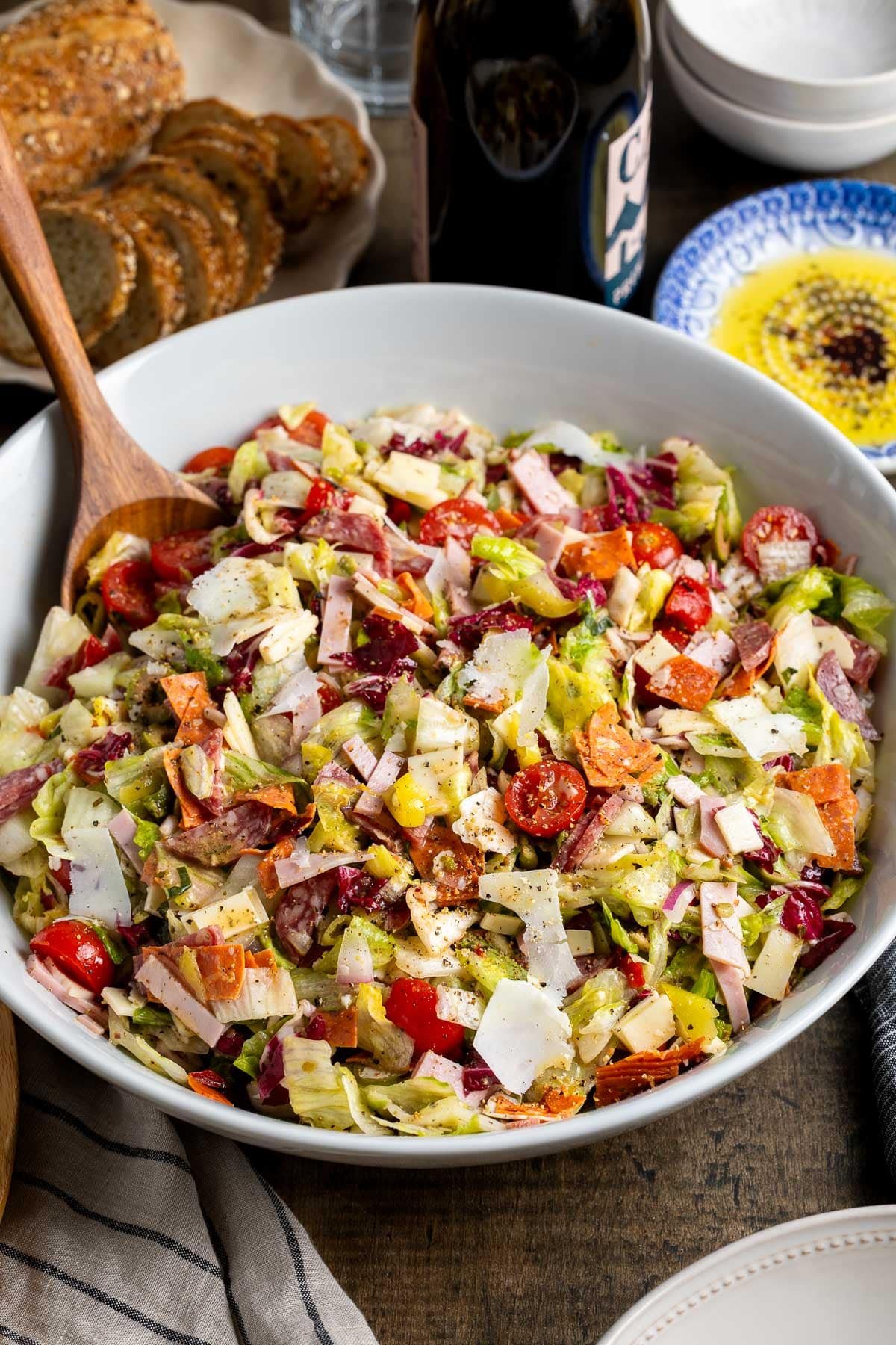 A large chopped Italian sub salad in a bowl.