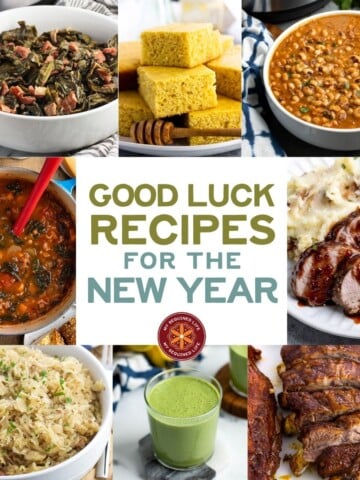 Text graphic with images of food stating "good luck recipes for the New Year".
