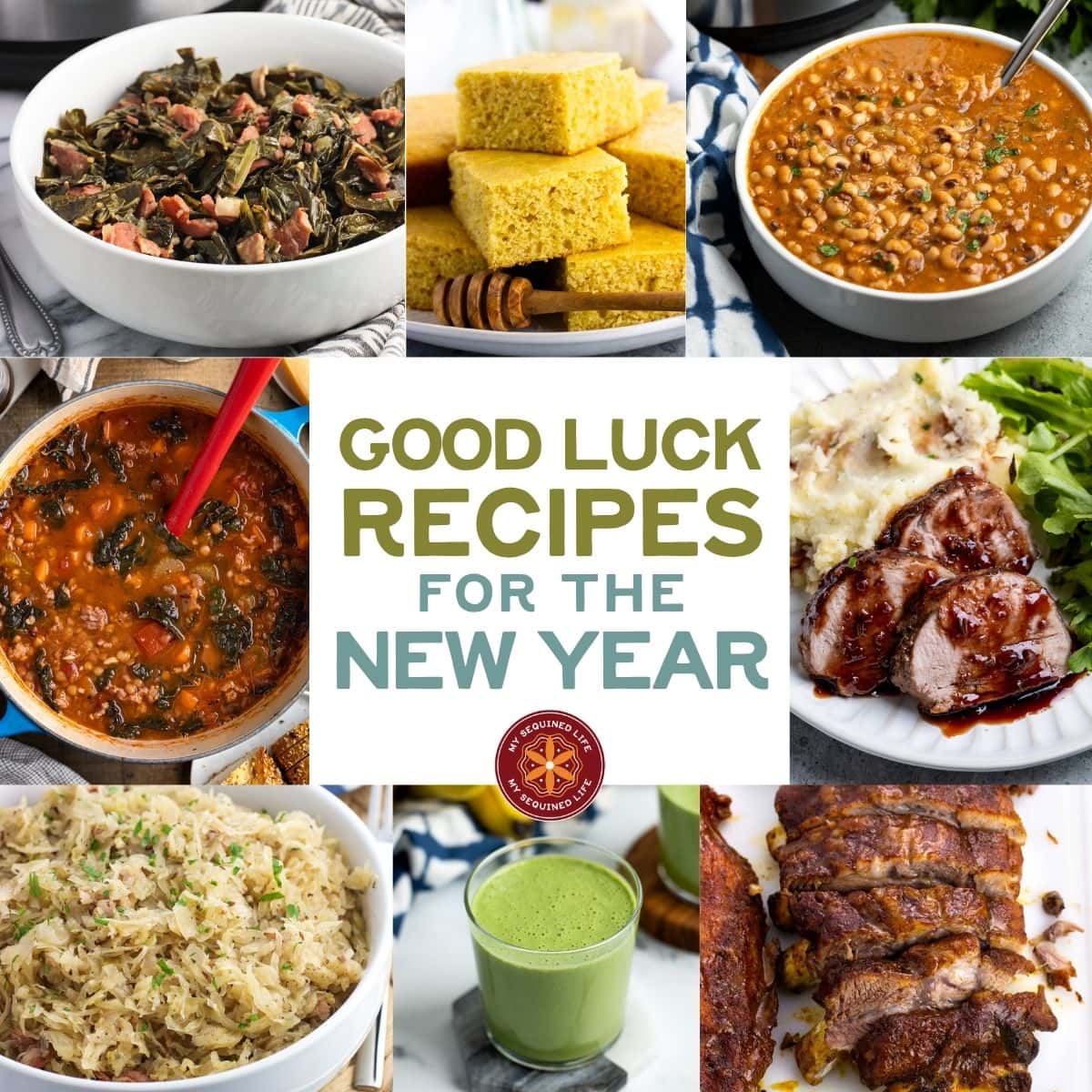 Text graphic with images of food stating "good luck recipes for the New Year".