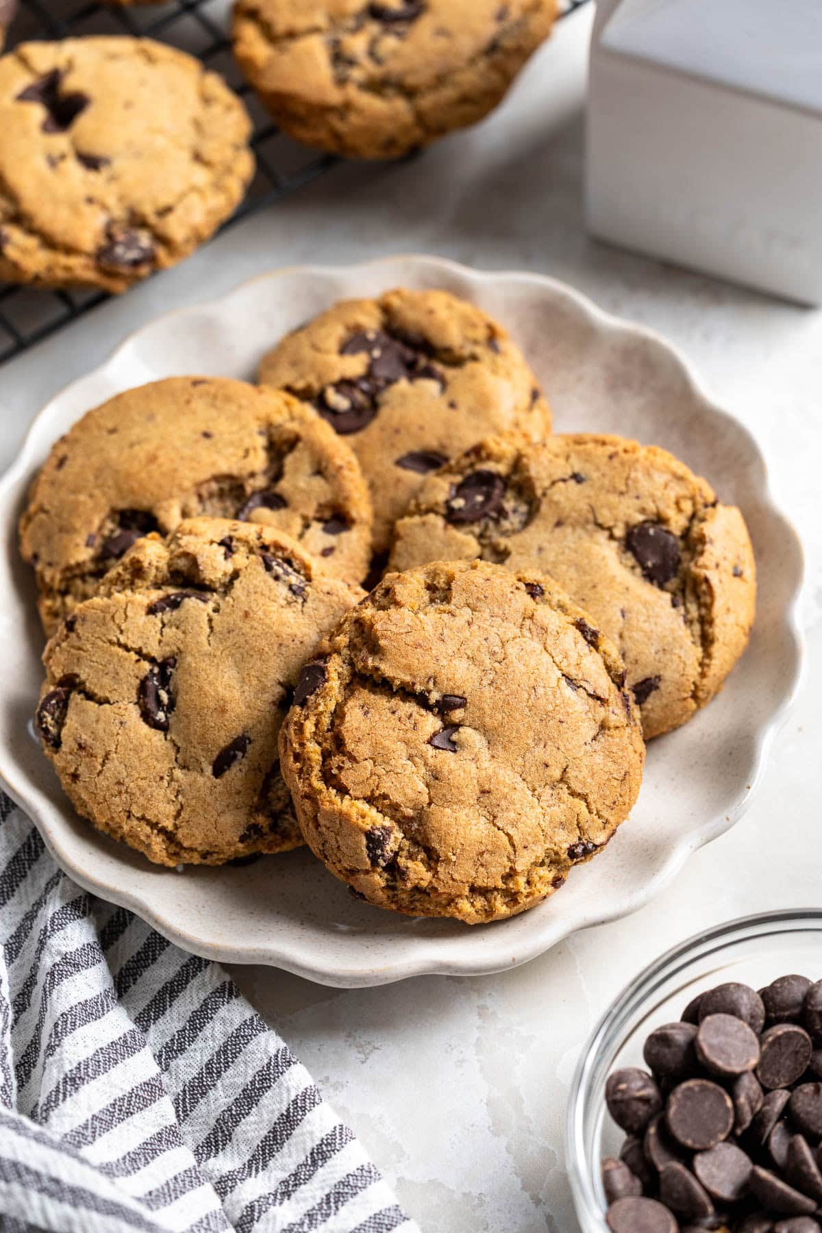 A serving plate of chocolate chip cookies.