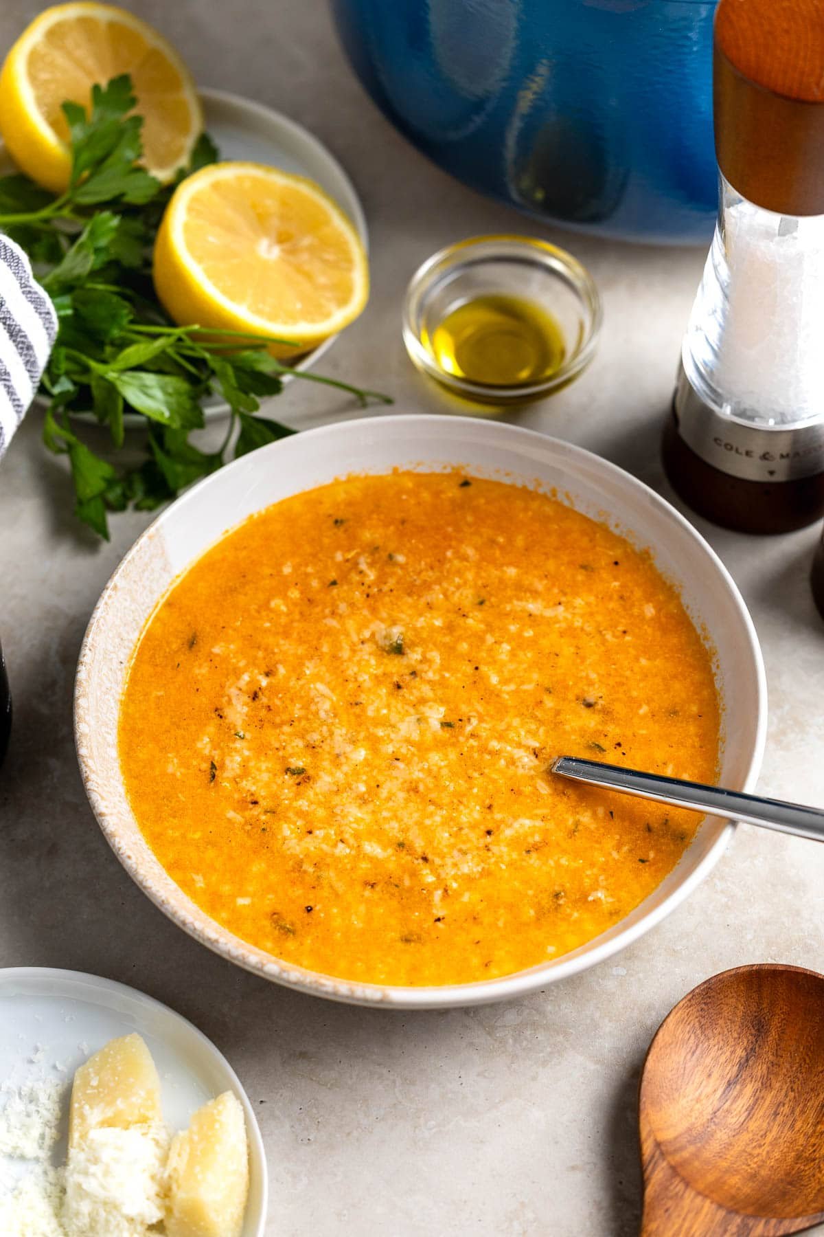 A bowl of Italian penicillin soup thickened with egg.