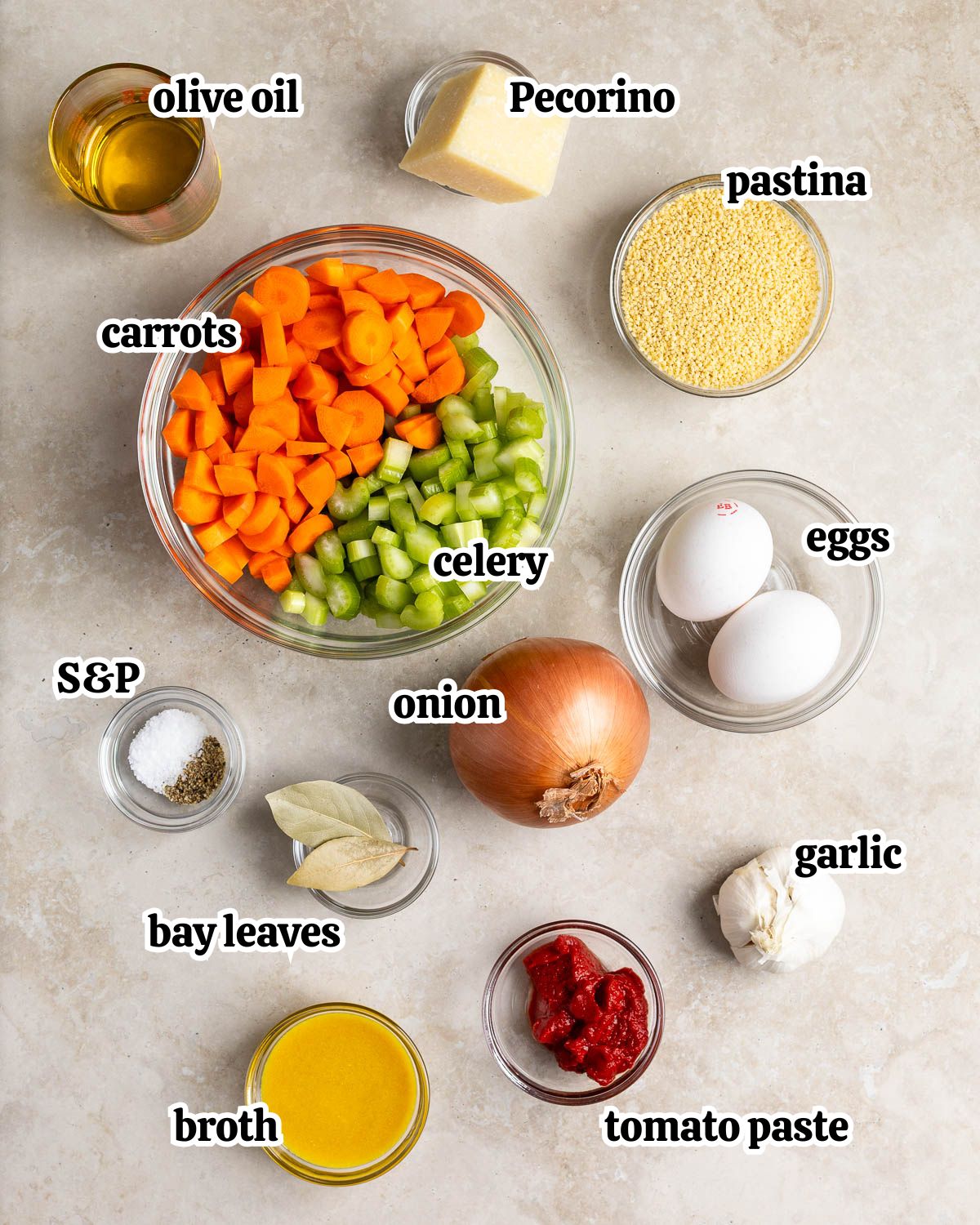 Text-labeled pastina soup with egg ingredients in separate containers.