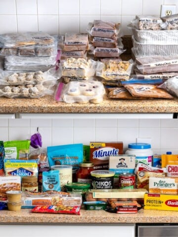 Freezer meals in packaging on a counter along with an assortment of pantry staples for the postpartum period.