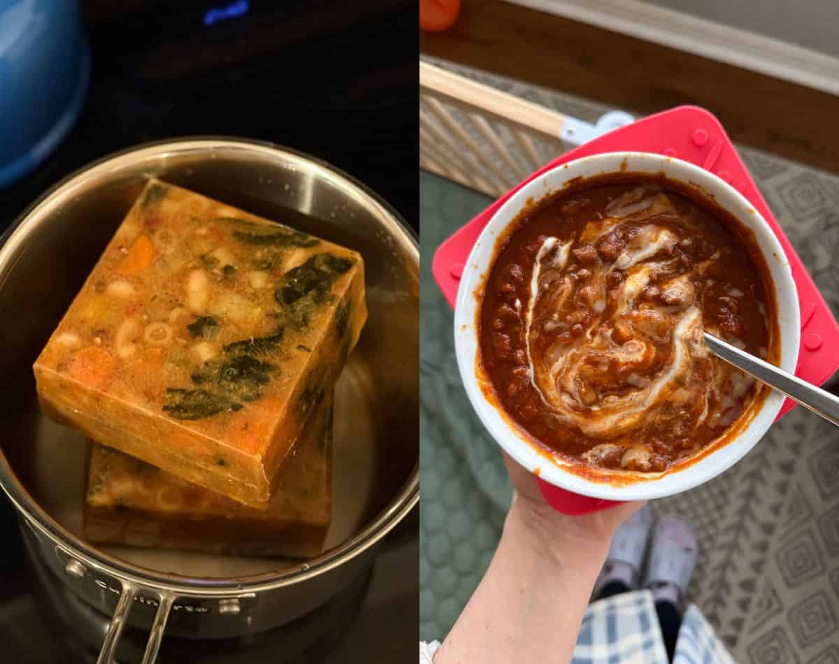 Blocks of frozen soup in a pan next to a hand holding a bowl of chili.
