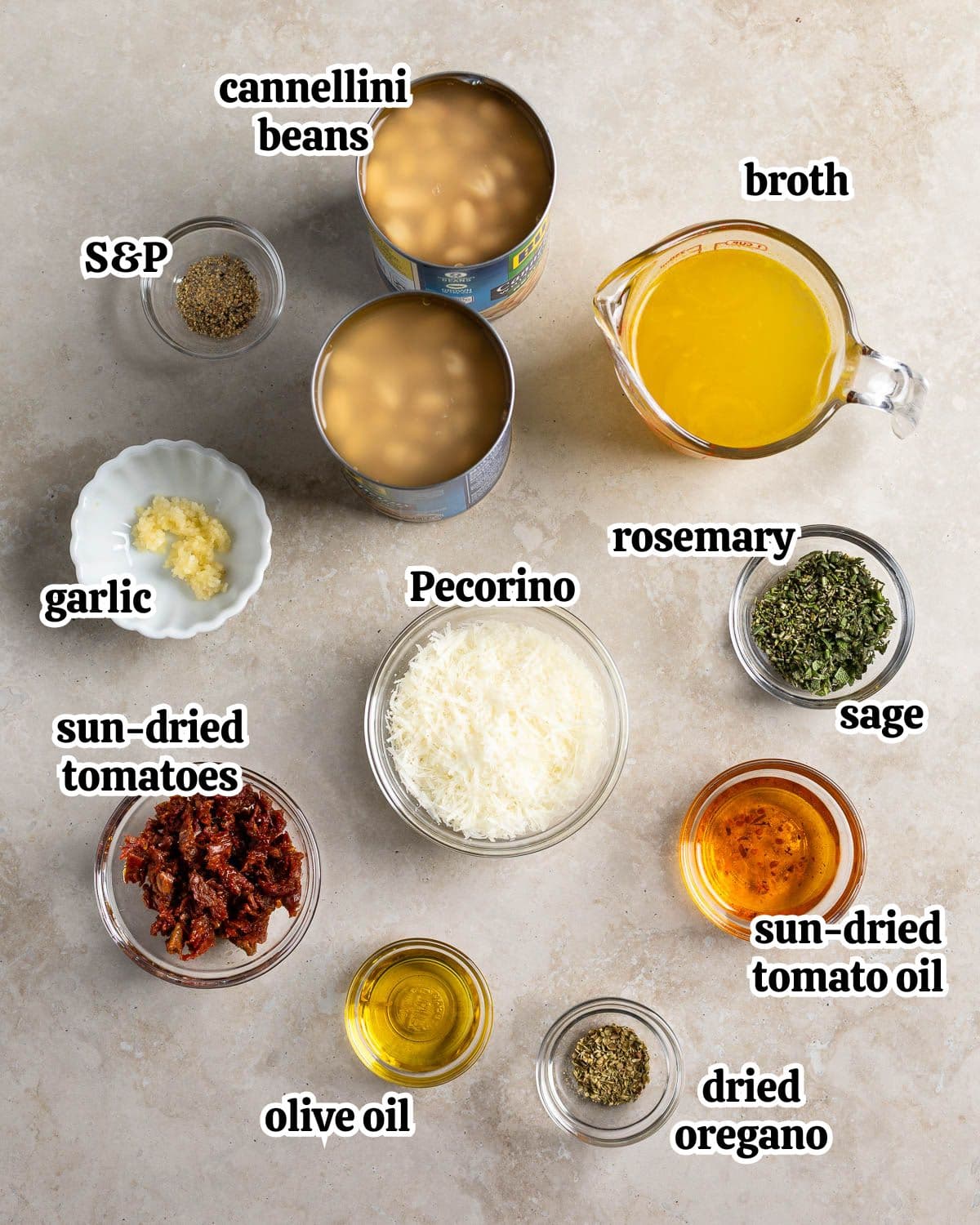 Text-labeled Tuscan bean ingredients in separate containers.