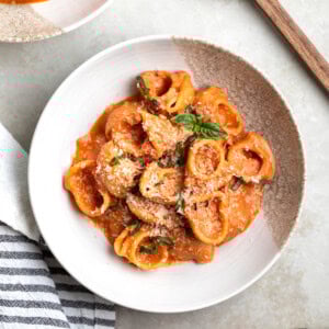 A serving of Greek yogurt vodka sauce coating pasta in a shallow bowl.