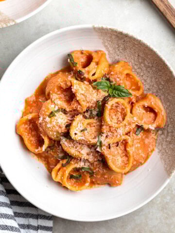 A serving of Greek yogurt vodka sauce coating pasta in a shallow bowl.