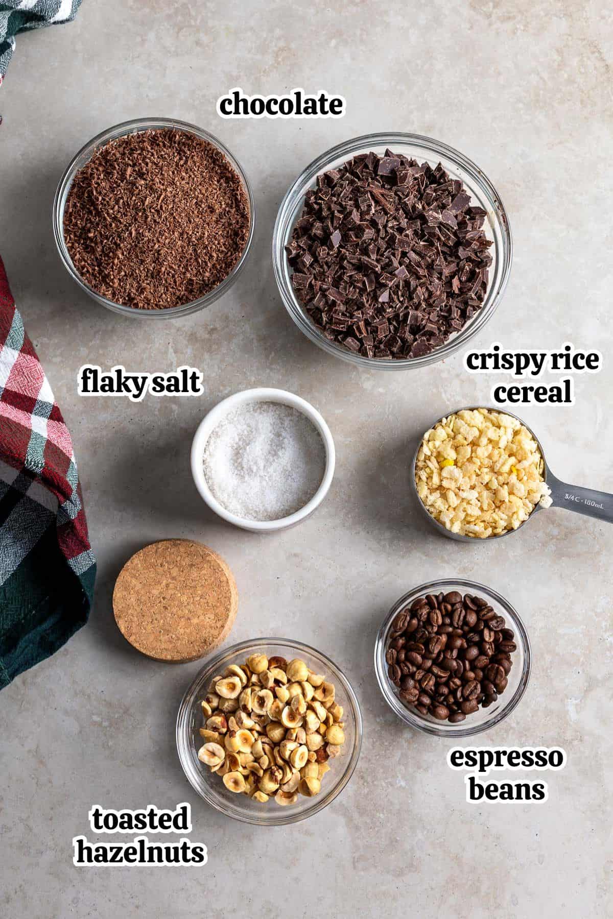 Text-labeled coffee bark ingredients in separate bowls.