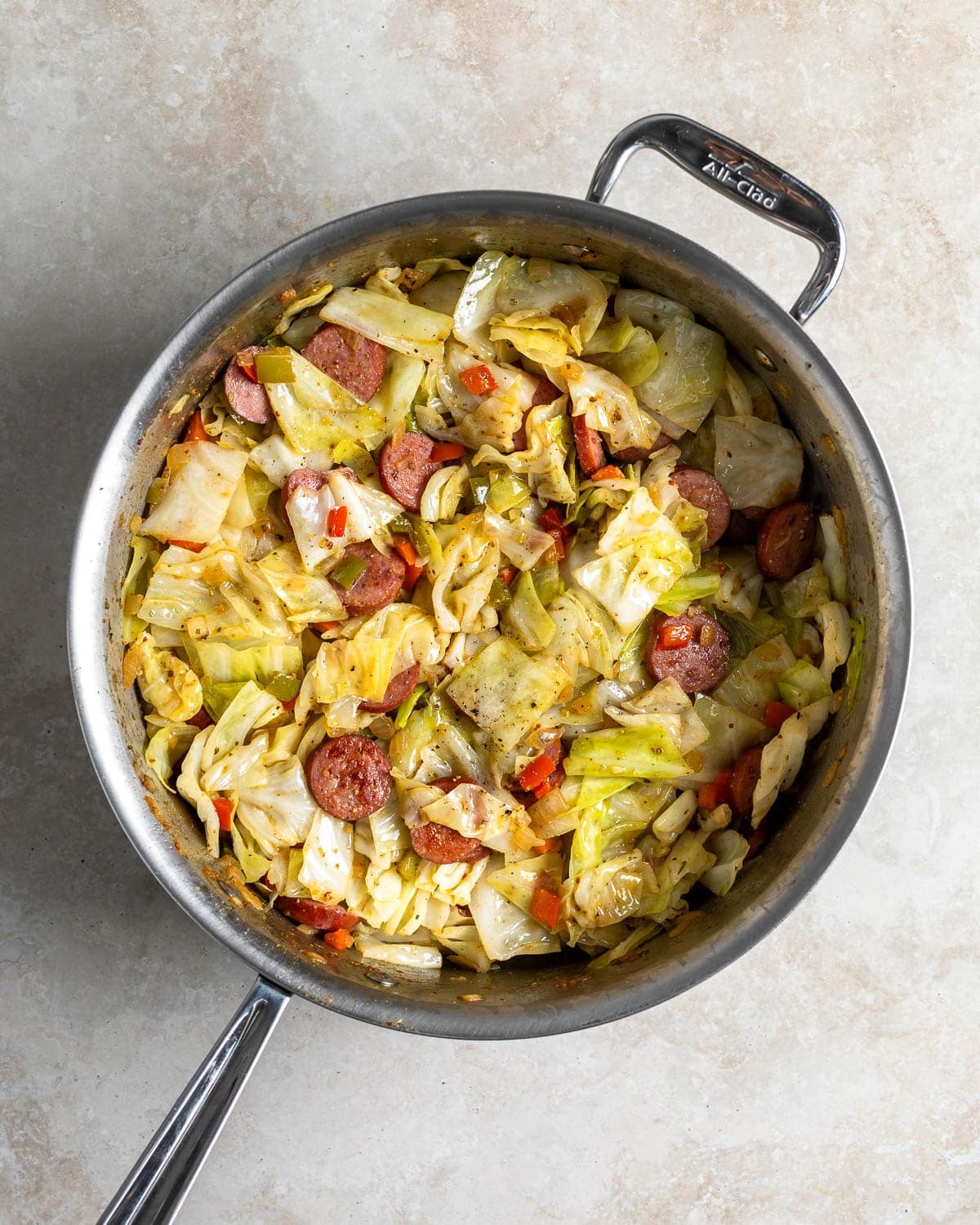 The fried cabbage and sausage skillet finished cooking.