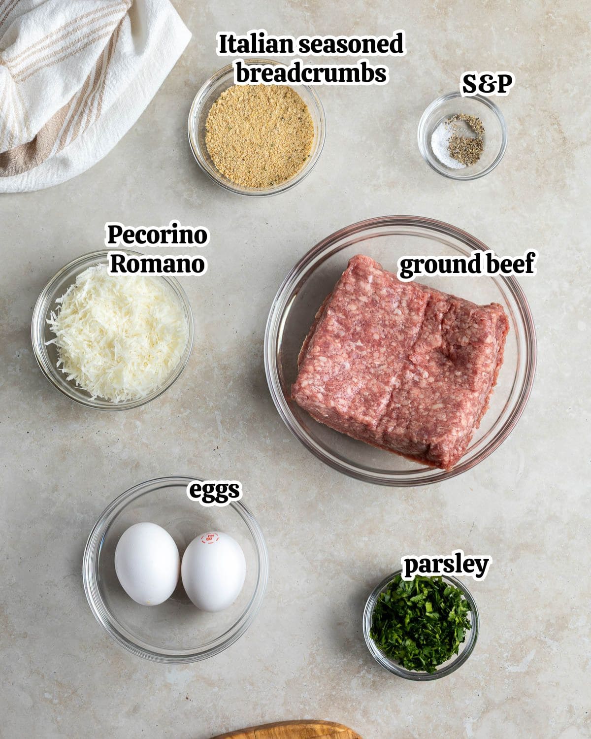 Text-labeled baked beef meatball ingredients in separate bowls.