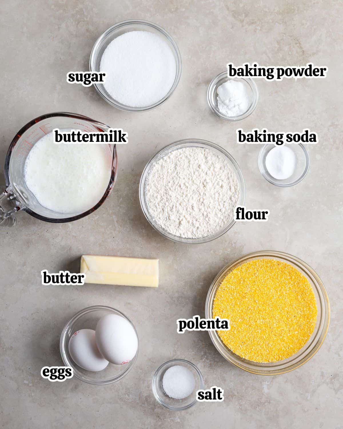 Text-labeled polenta cornbread ingredients in separate bowls.