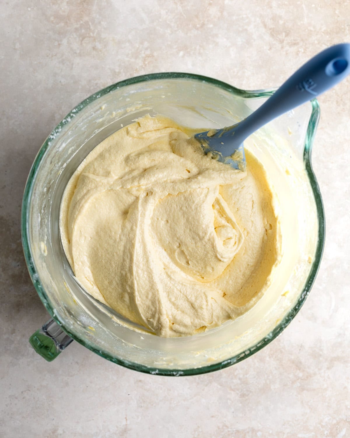 The batter after mixing in part of the sugar and all of the eggs.