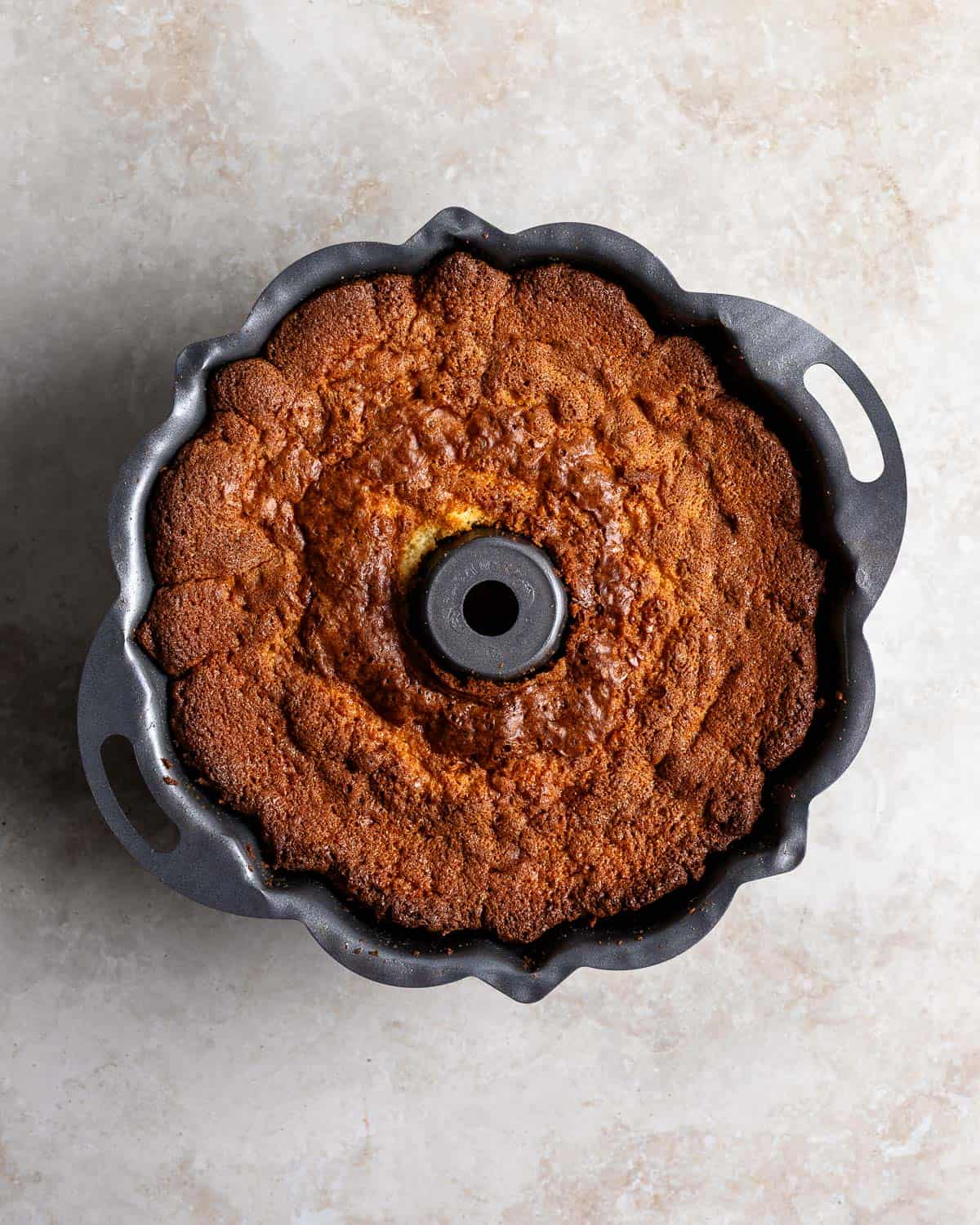 Baked Philly Fluff pound cake in a Bundt pan.