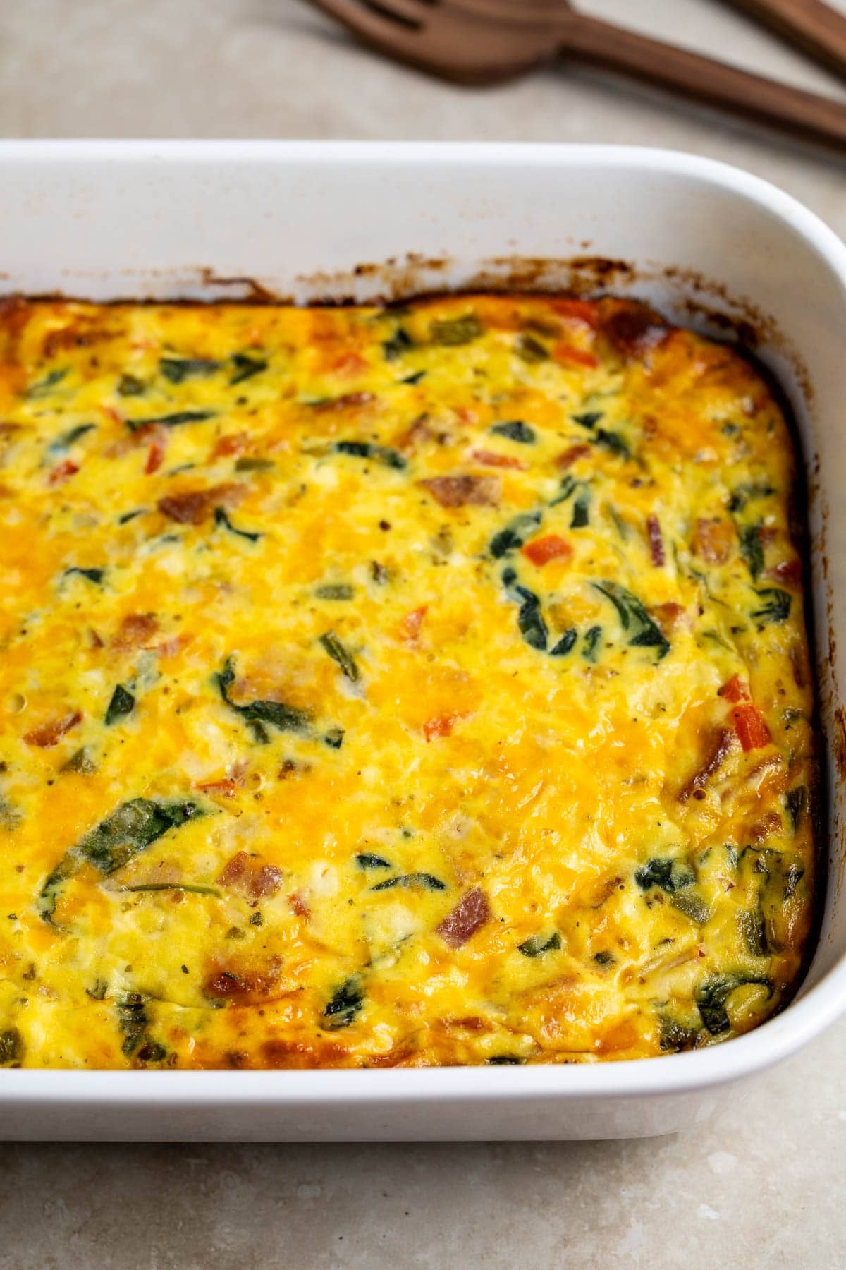 Spinach ricotta egg bake after cooking in a 9-by-13-inch pan.