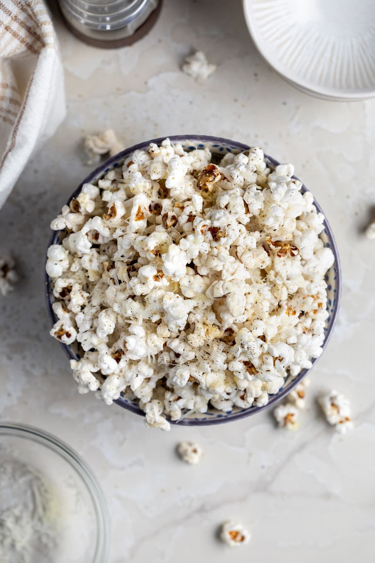 Pecorino black pepper popcorn in a serving bowl.