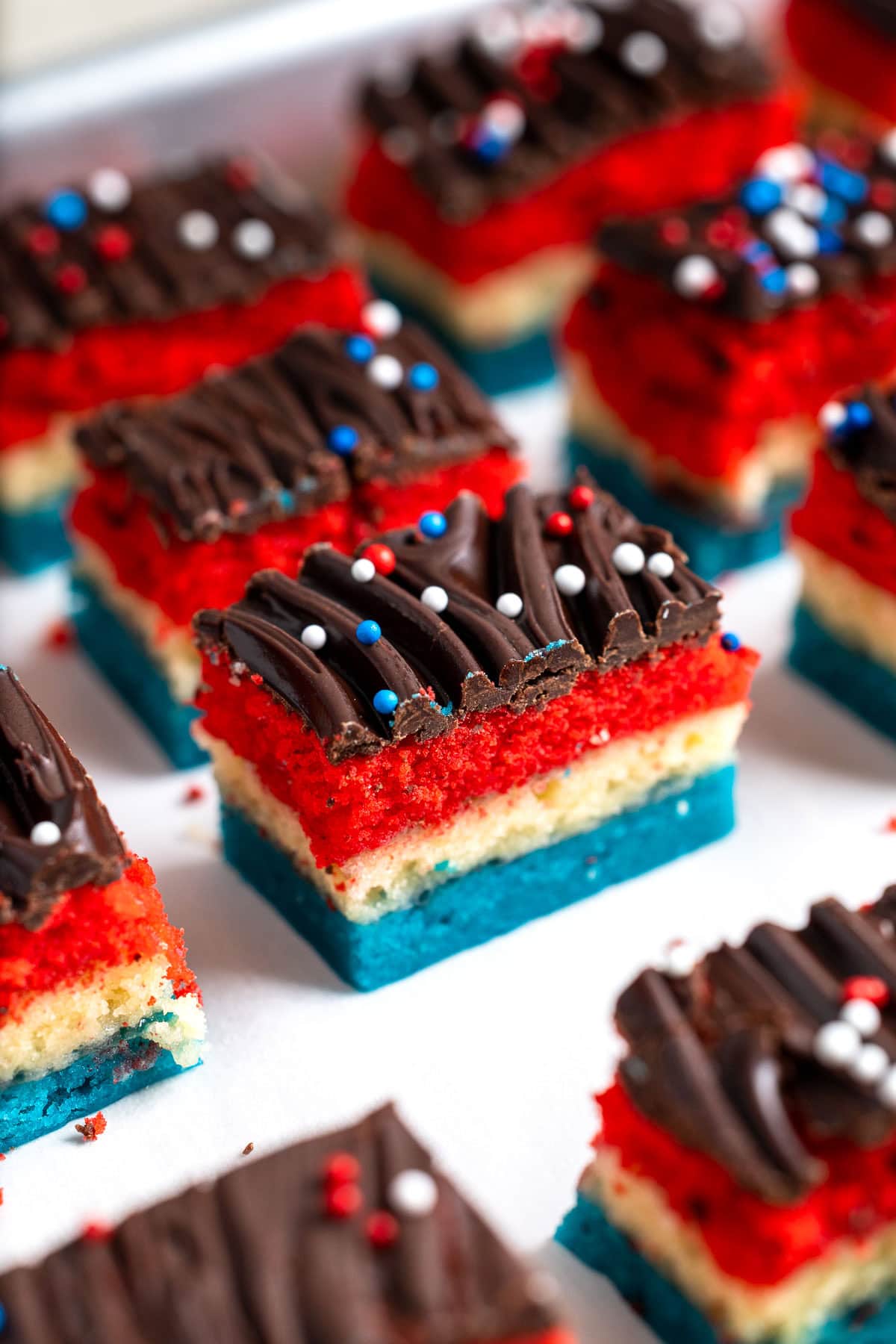 Red white and blue colored rainbow cookies for the Fourth of July.