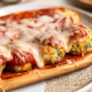 Italian-style baked turkey meatballs on a meatball sub.