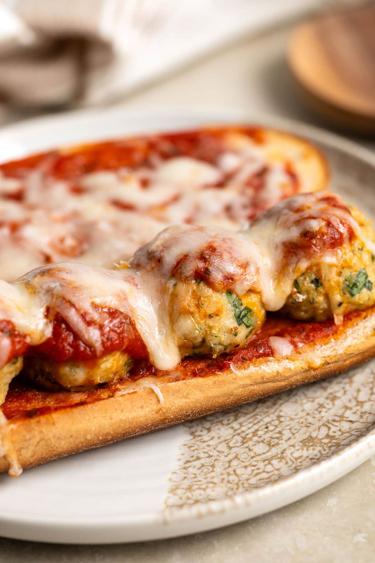 Italian-style baked turkey meatballs on a meatball sub.